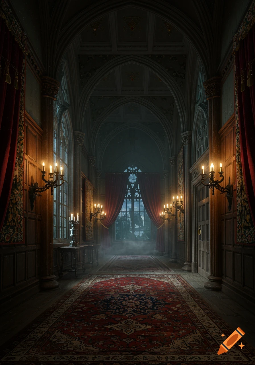 A long, ornate gothic Victorian hallway featuring a red patterned rug, multiple candelabras, and large windows with misty views.