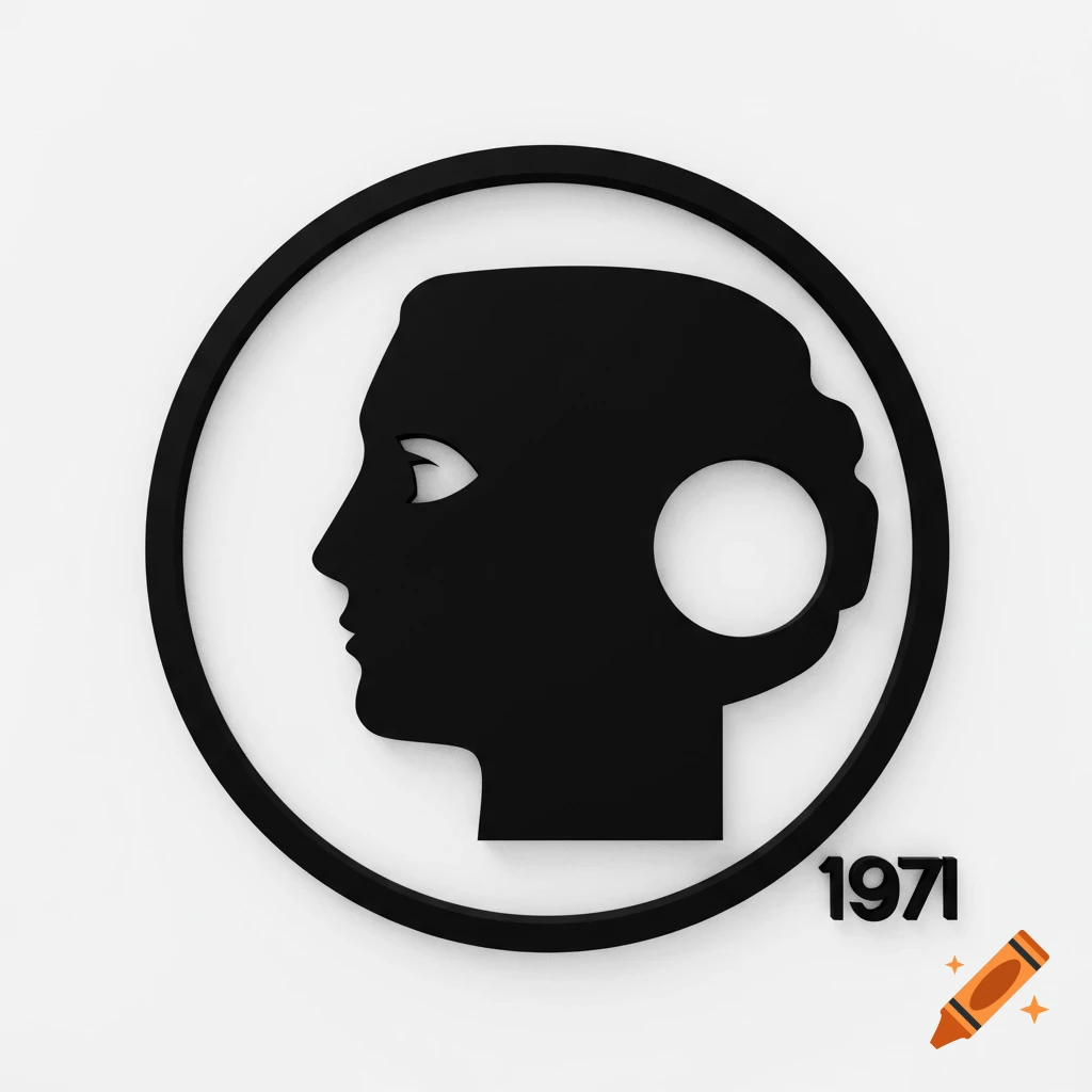 A black silhouette logo of a head in profile within a circle, with the year 1971.