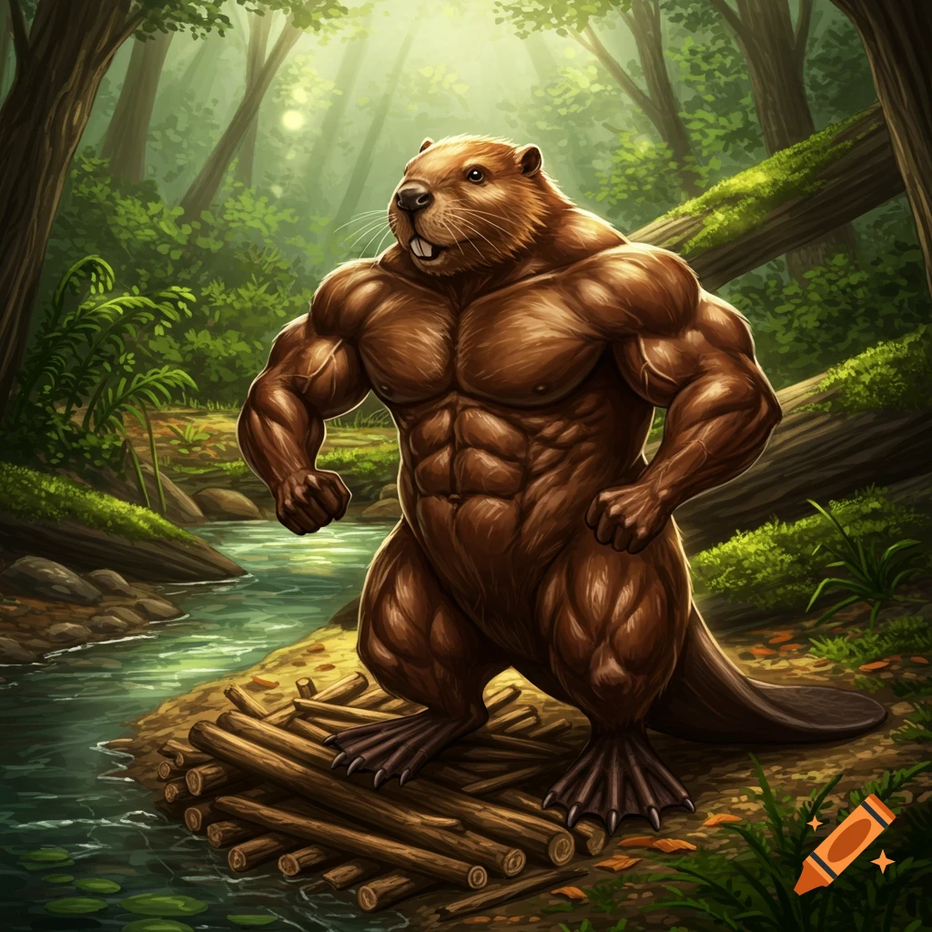 A muscular, anthropomorphic beaver stands on a log pile by a forest stream.