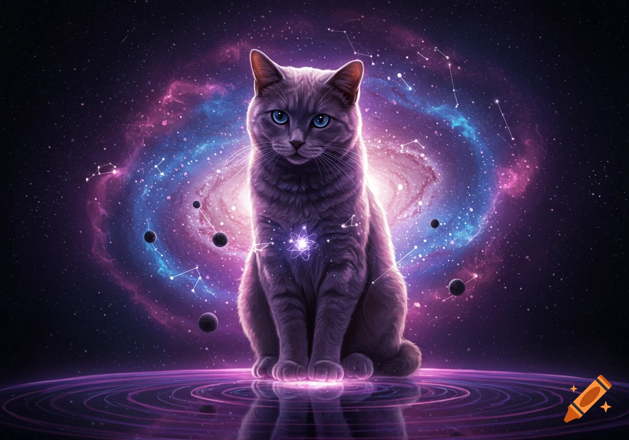 A majestic gray cat with blue eyes sits, glowing with an atom symbol, against a vibrant purple and blue galaxy backdrop.
