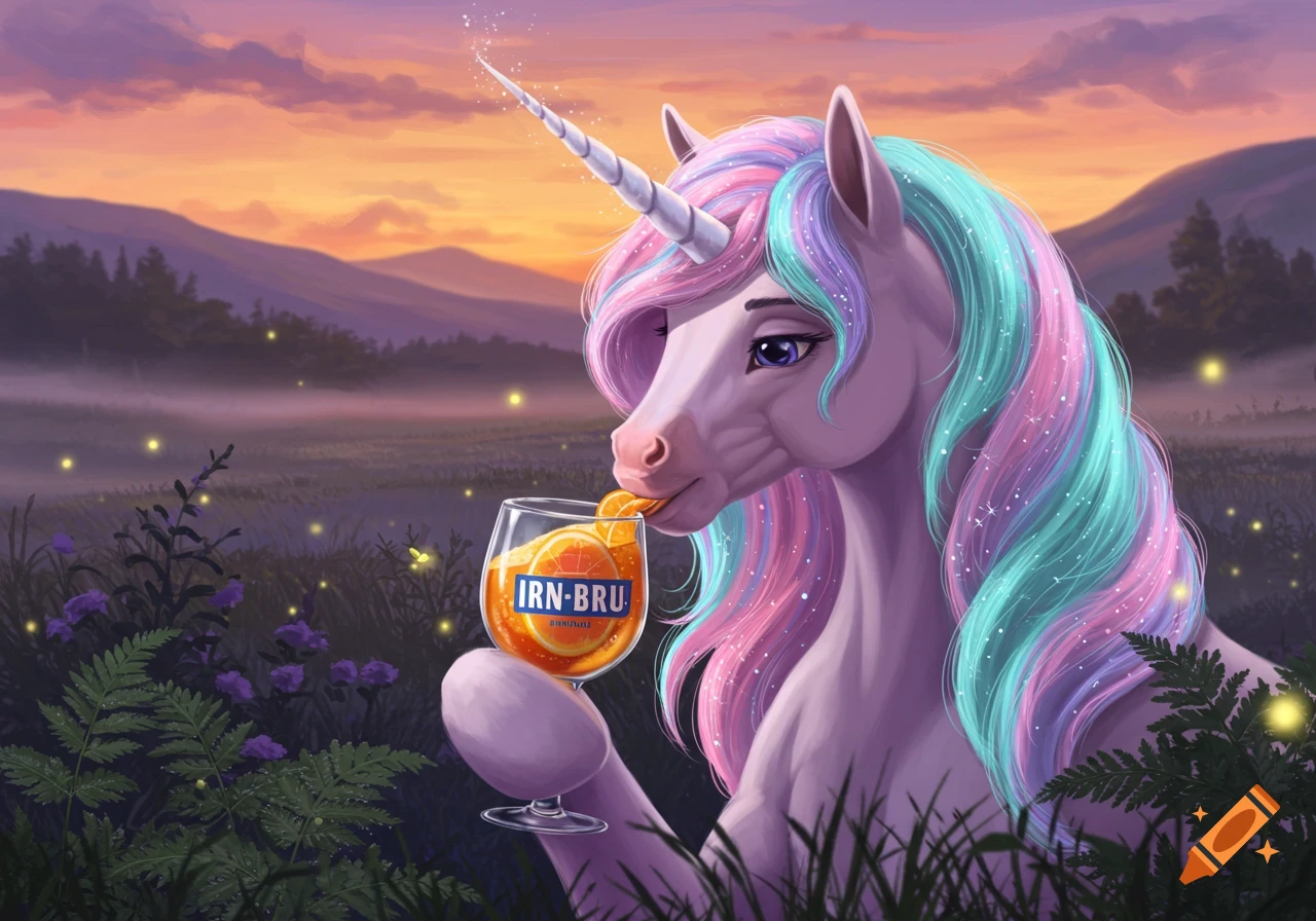 A colorful unicorn drinks from a glass of orange liquid in a twilight field with glowing fireflies and mountains.