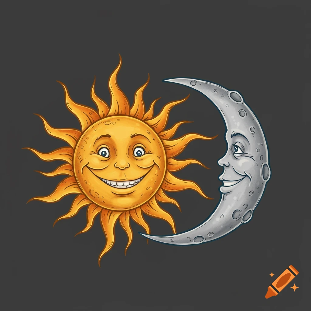 A cartoon sun with a cheerful face next to a crescent moon with a smiling face, in Dr. Seuss style on a dark background.