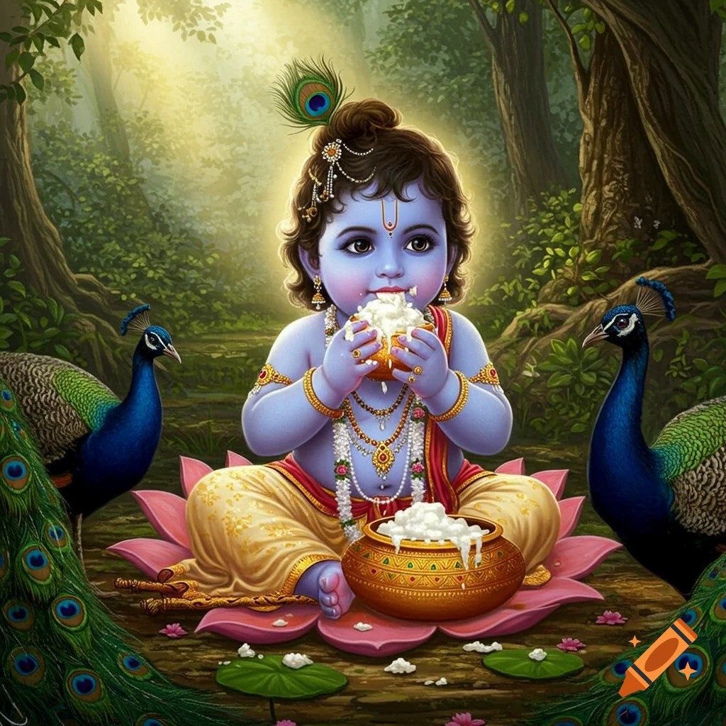 A blue-skinned Baby Krishna sitting on a lotus flower in a forest, eating butter from a golden pot, flanked by peacocks.