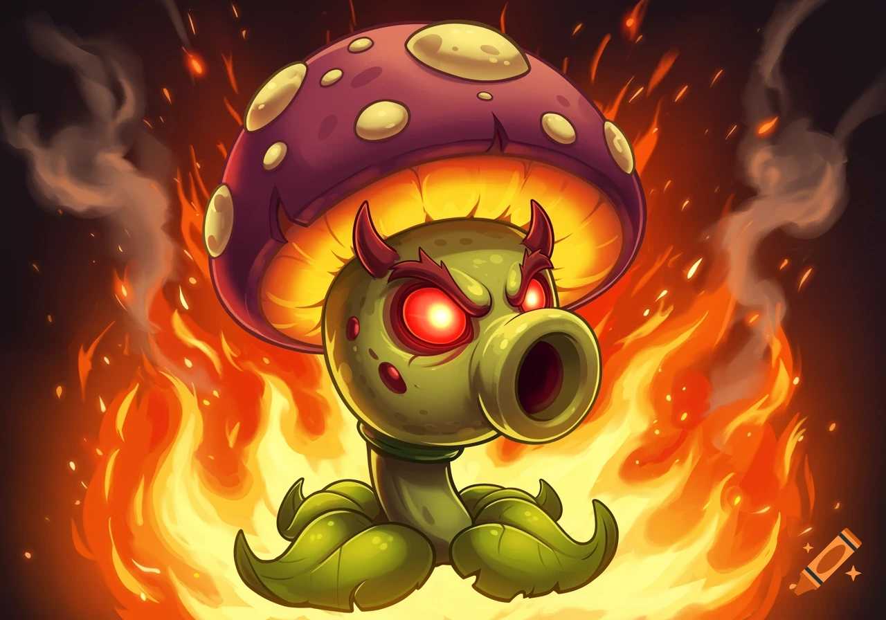 A cartoon-style illustration of a menacing, mushroom-capped plant creature with glowing red eyes and small horns, surrounded by vibrant fire.