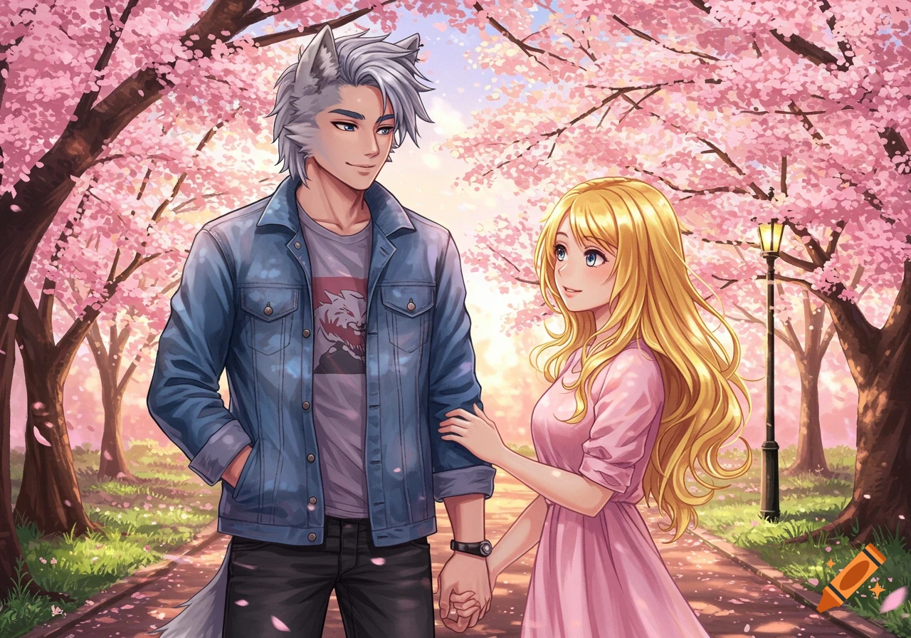An anime couple, a man with wolf ears and a blonde woman, hold hands walking through a park blooming with pink cherry blossoms.