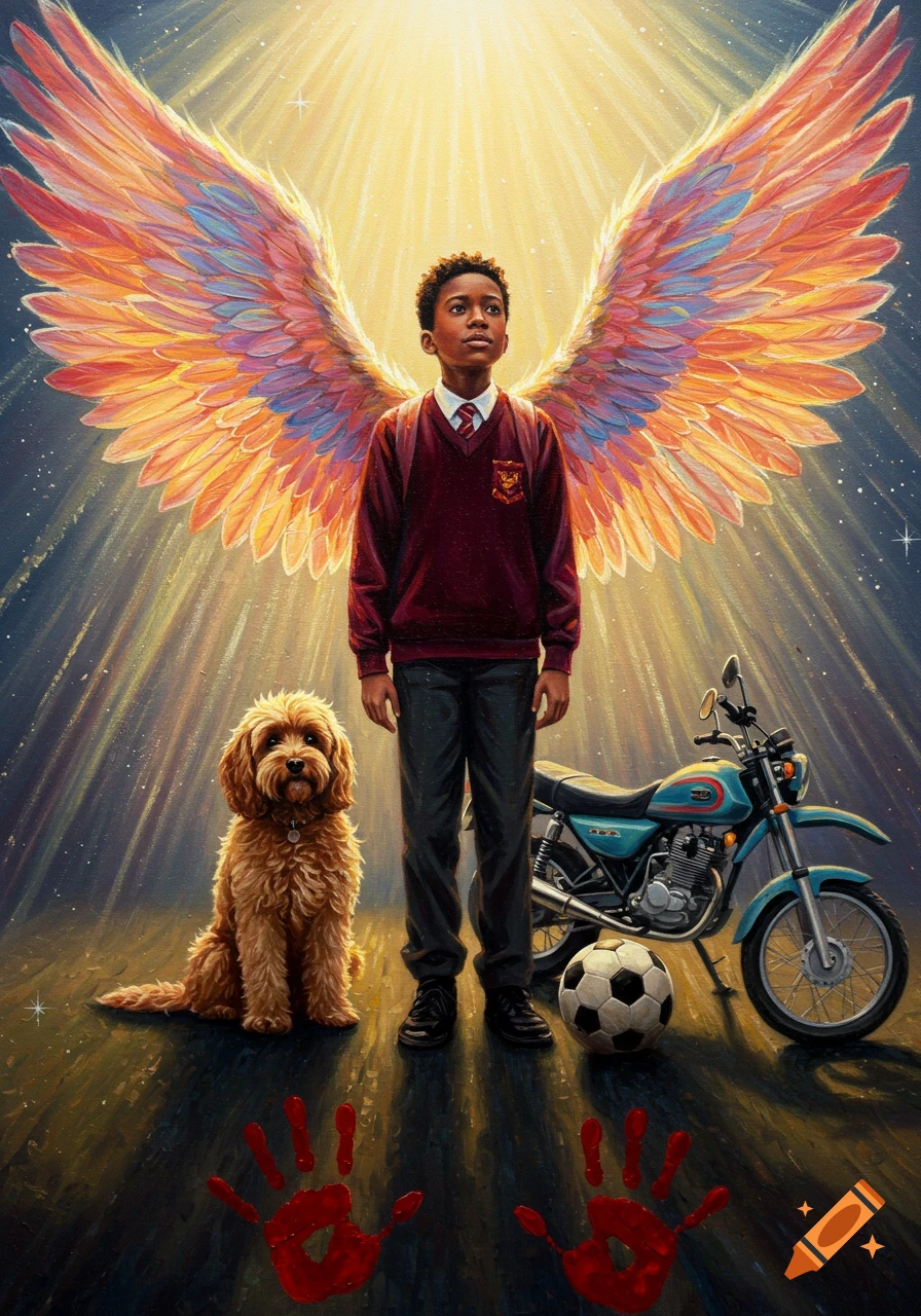 An oil painting of a young boy with colorful angel wings standing under a bright light, next to a brown dog, a blue motorbike, and a soccer ball, with two red handprints on the ground.