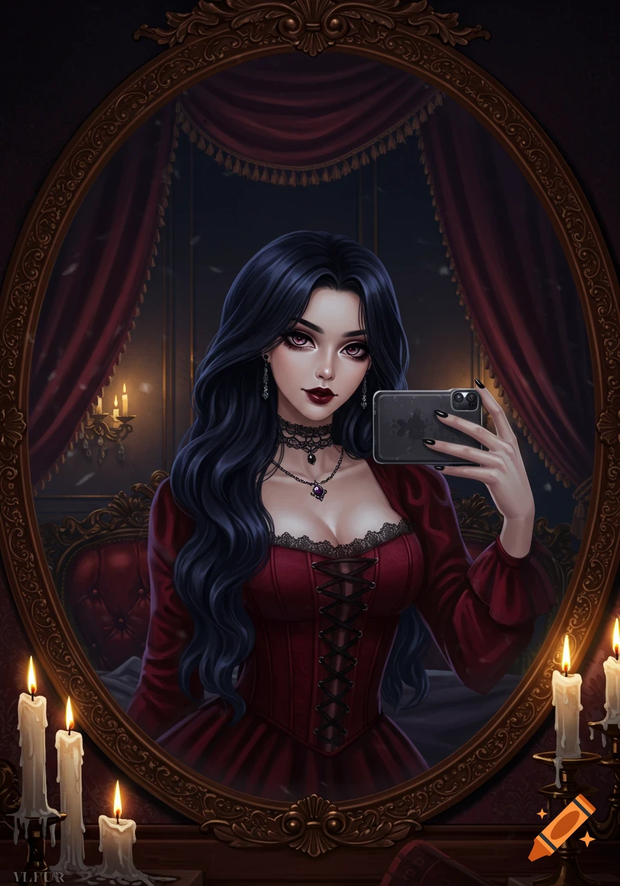 A gothic anime girl with dark hair and a red dress takes a mirror selfie in an ornate, candlelit room.