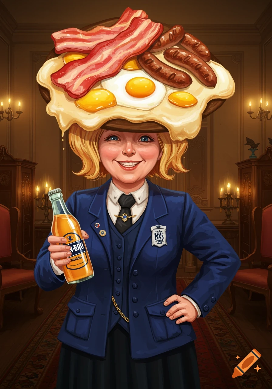A smiling female funeral director in a blue suit and hat made of a Scottish fry-up holds an Irn-Bru bottle in a fancy room.