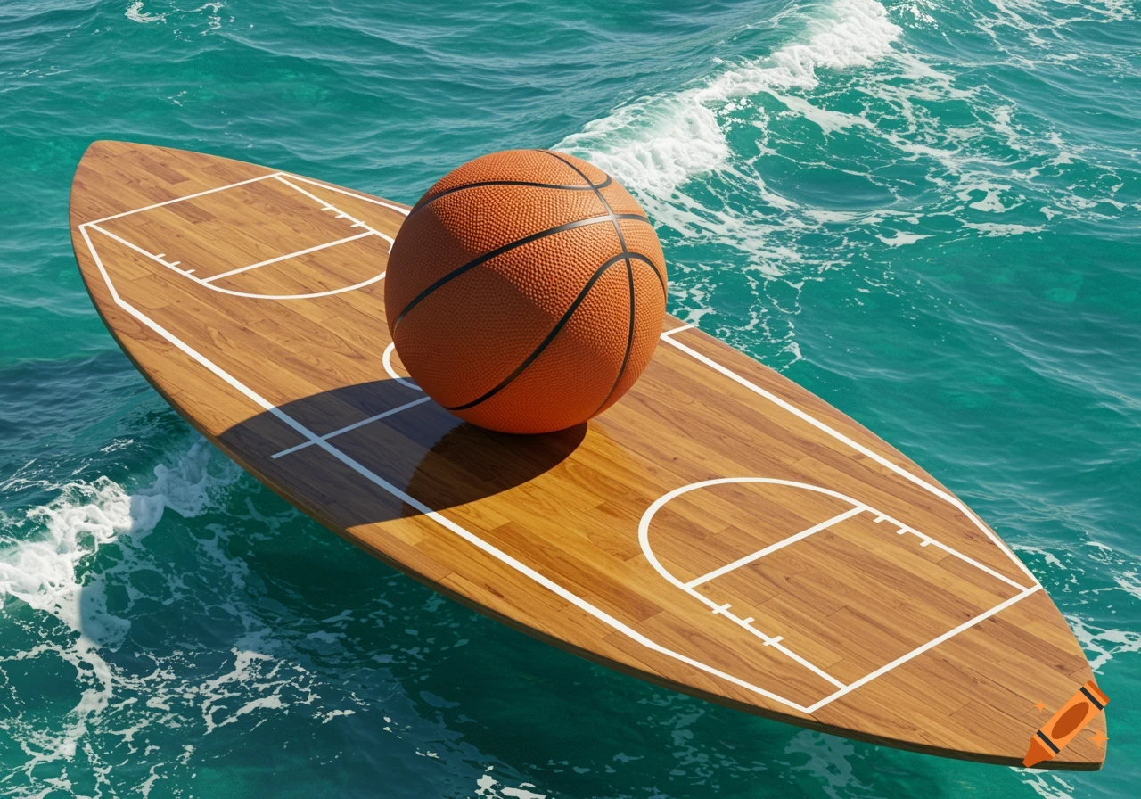 A basketball floats on a surfboard designed like a basketball court, in clear turquoise ocean water.