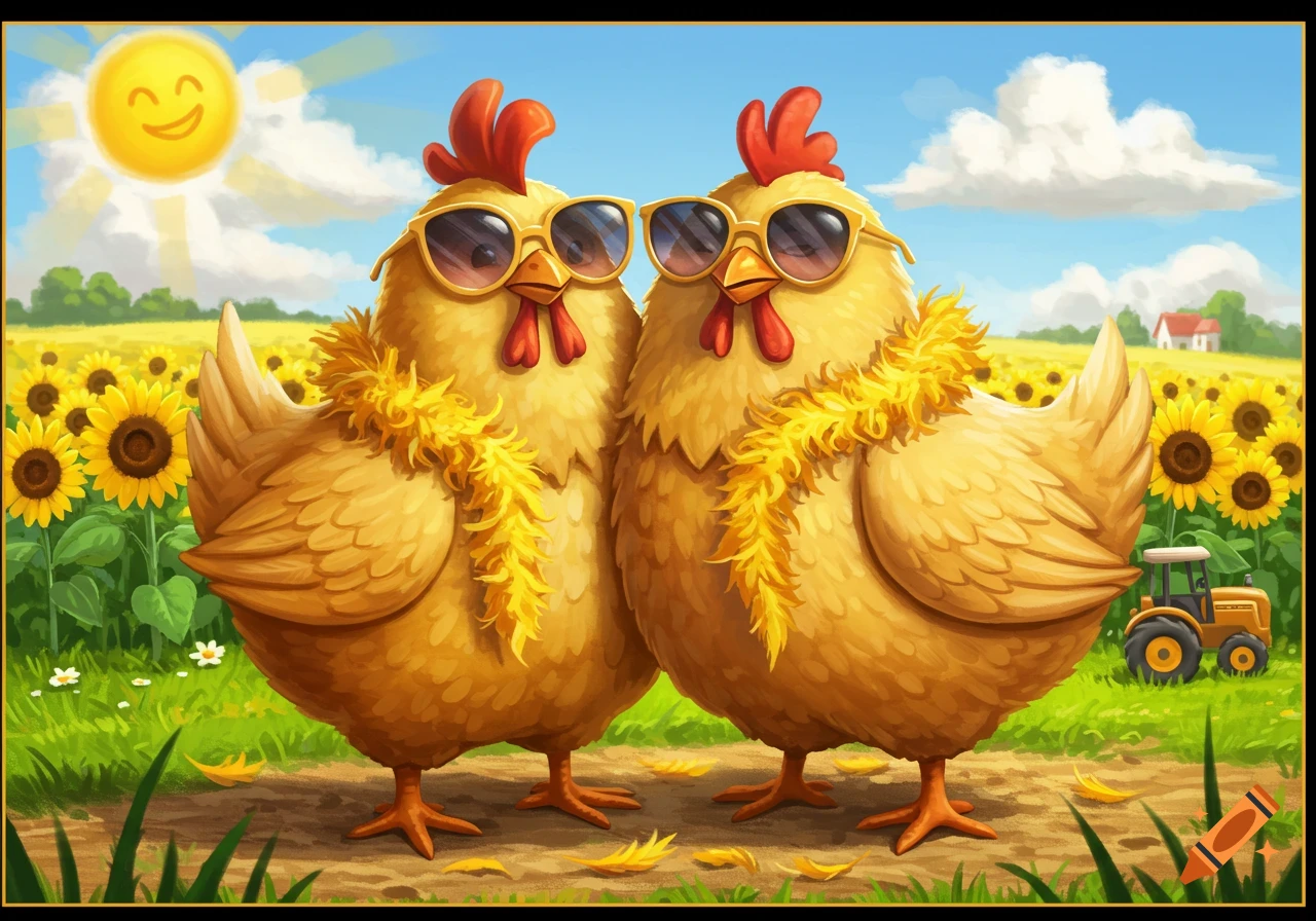 Two cartoon chickens in sunglasses and yellow feather boas stand in a sunflower field under a smiling sun.