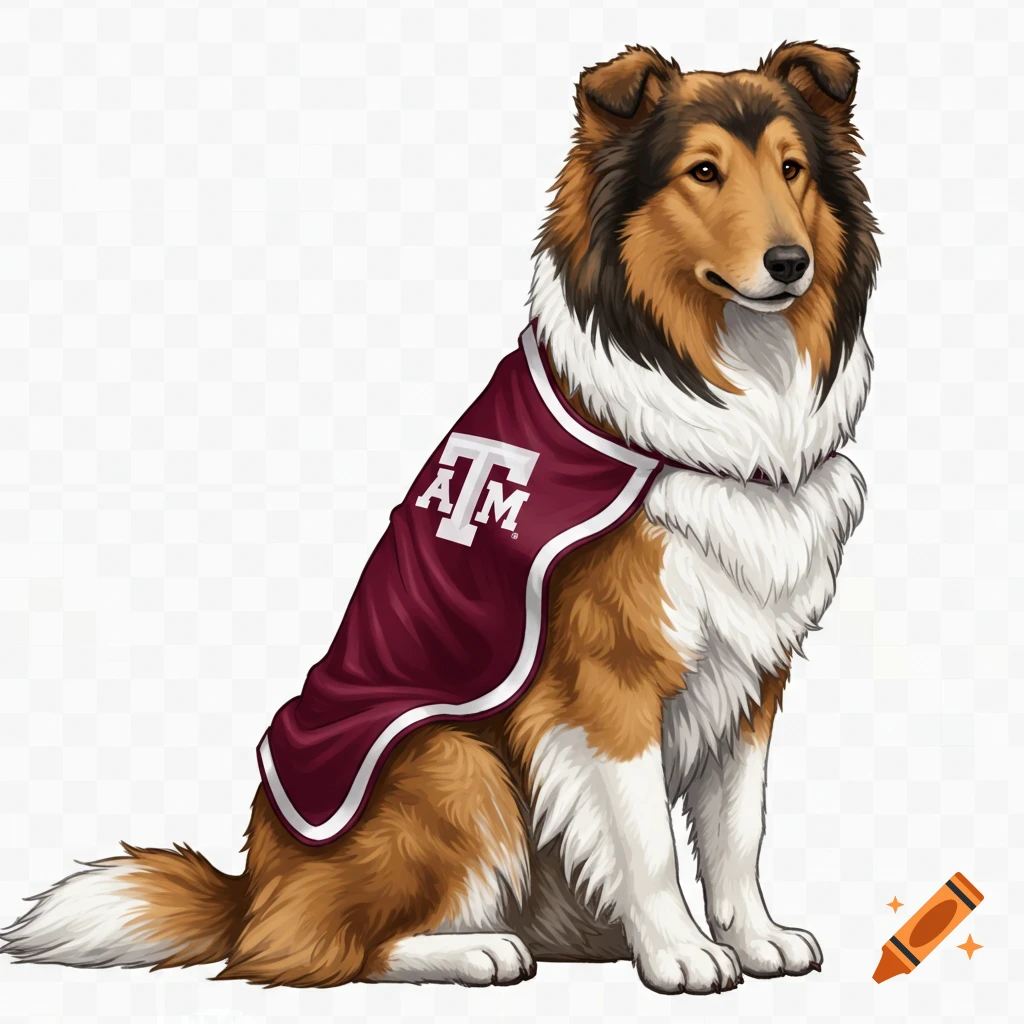 An illustrated collie dog sits, wearing a maroon cape with white trim and a white 'ATM' logo.