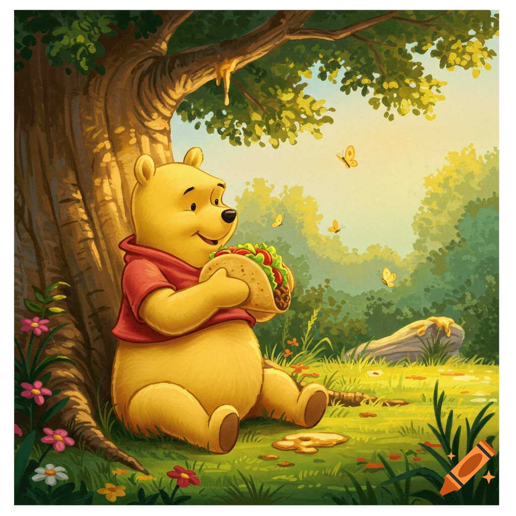 Winnie the Pooh sits under a tree, happily eating a taco, in a sunny forest clearing.
