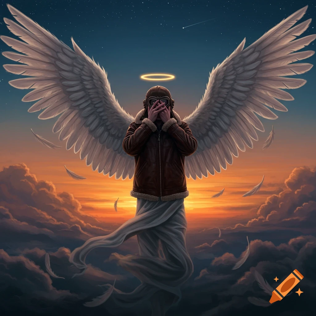 An angel with large white wings and a halo covering its face with its hands, wearing an aviator jacket, stands amidst clouds at sunset.