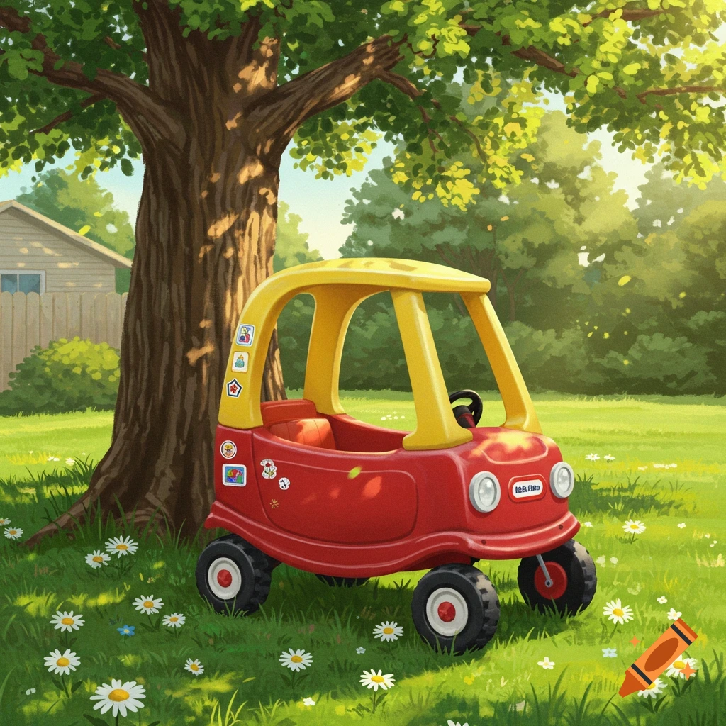 A red and yellow Little Tikes Cozy Coupe toy car sits on green grass under a large tree with small white flowers. A house is in the background.