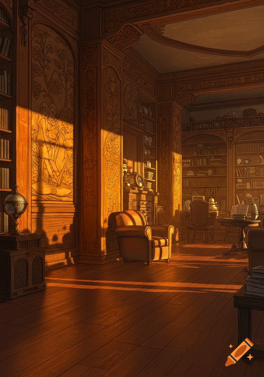 A warm, sunlit library with elaborate wooden carvings, bookshelves, and an armchair, in Studio Ghibli style.