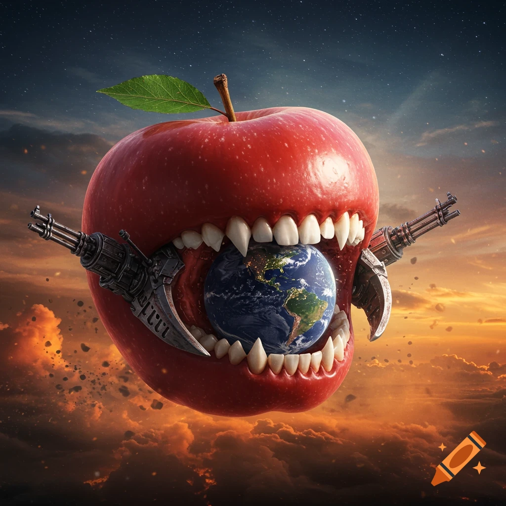 A surreal image of a giant red apple with sharp teeth and machine guns consuming the Earth, set against a dramatic sky.