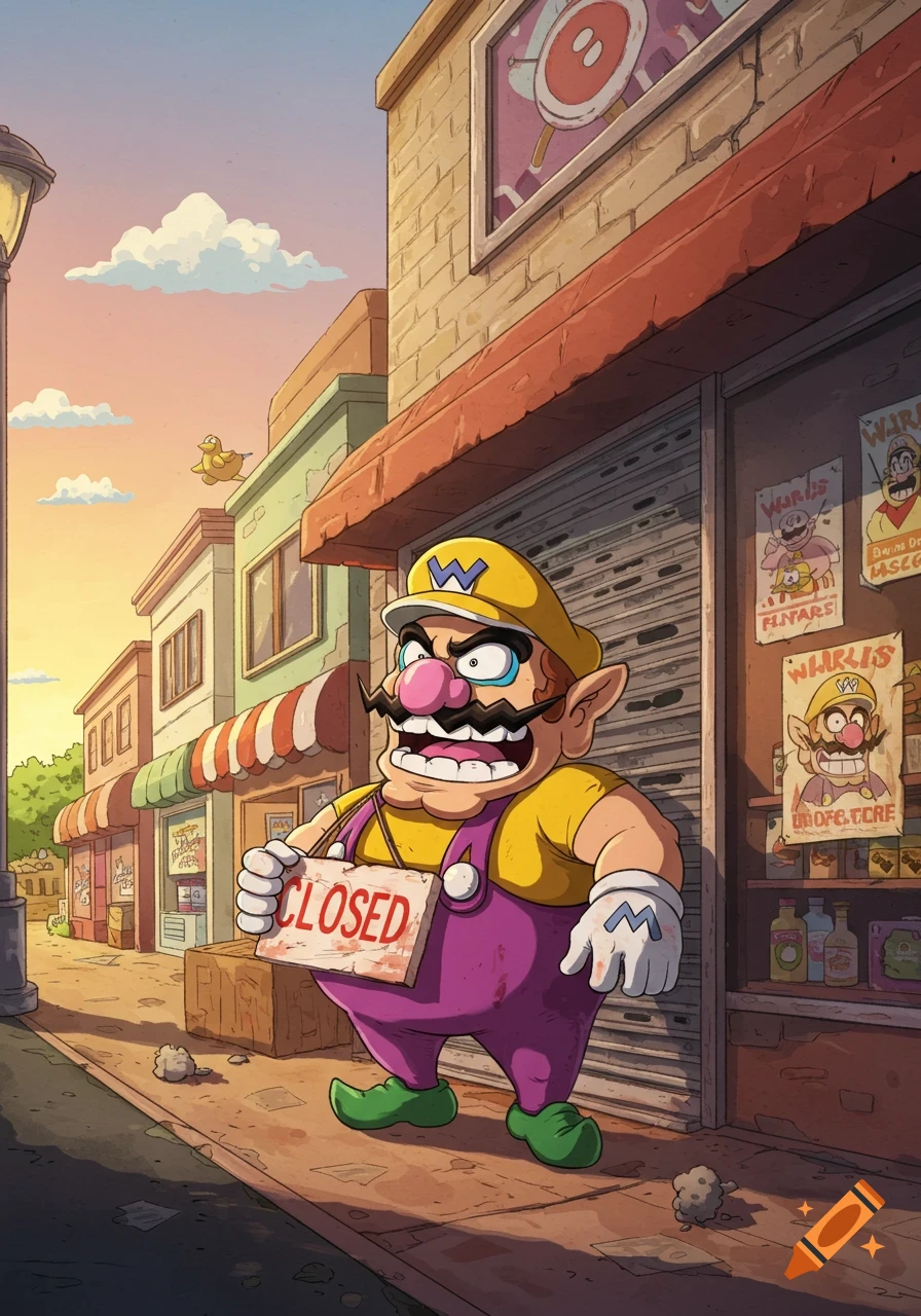 A cartoon Wario stands on a sidewalk in front of a closed storefront, holding a "CLOSED" sign. The street is empty, and posters of Wario are on the shop window.