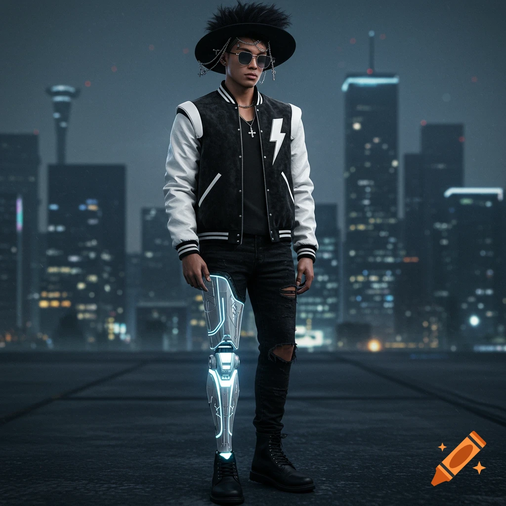 A young man with a cybernetic prosthetic leg and spiky hair, wearing a bomber jacket and hat, stands on a rooftop in a futuristic city.
