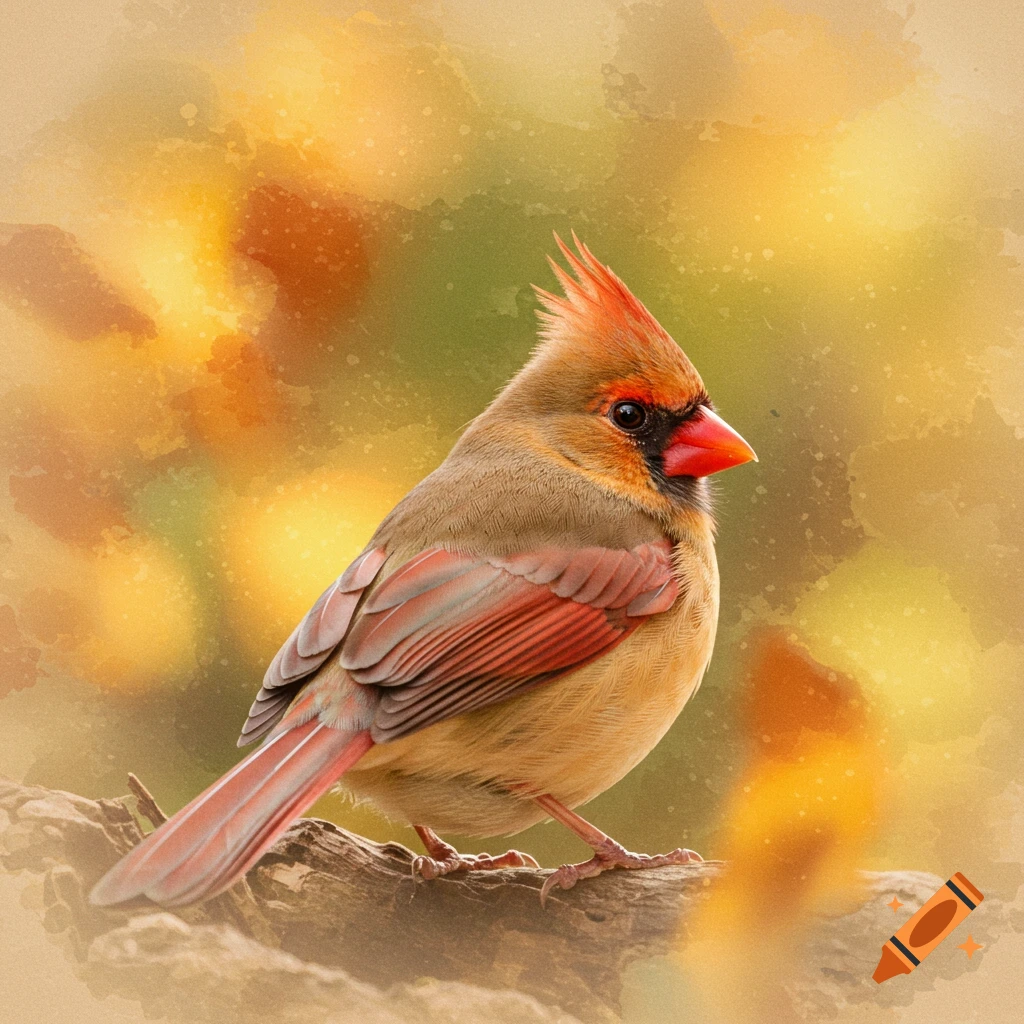 A female cardinal perches on a branch with an impressionistic watercolor background in warm tones.