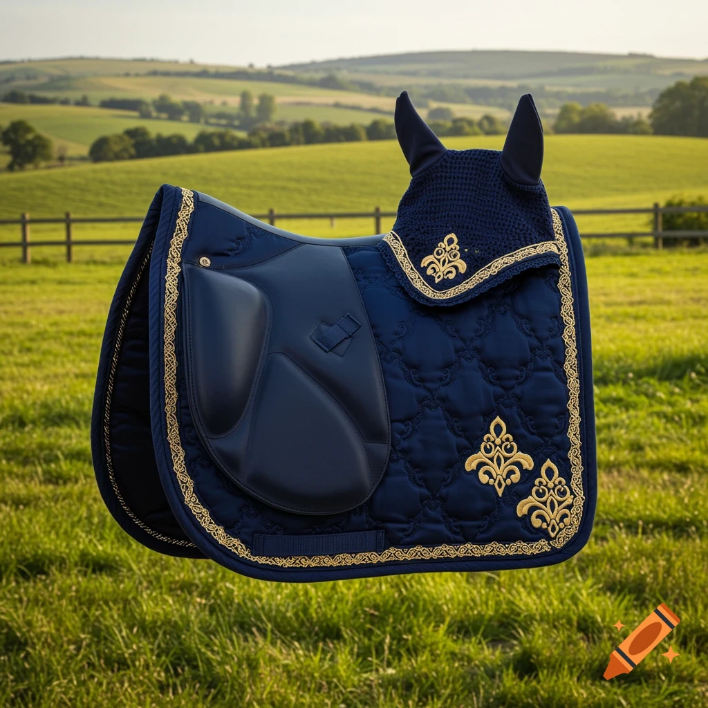 A photorealistic image of a navy blue saddle pad and matching ear bonnet with gold trim and embroidered designs, set against a green field.