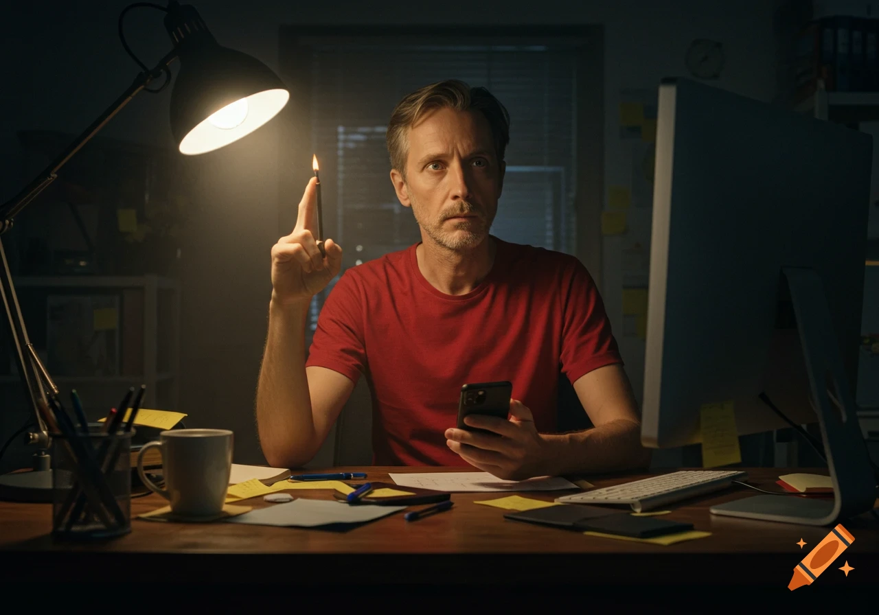 A man with a red shirt sits at a messy desk in a dim office, holding a phone, with a small flame on his pointing finger.