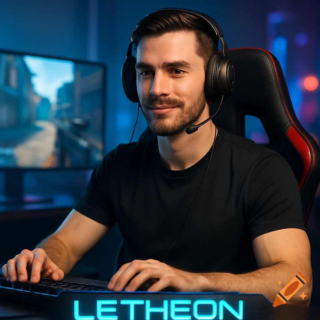 A smiling male gamer with a beard and headset sits in front of a monitor, typing on a keyboard, with a glowing "LETHEON" banner below.