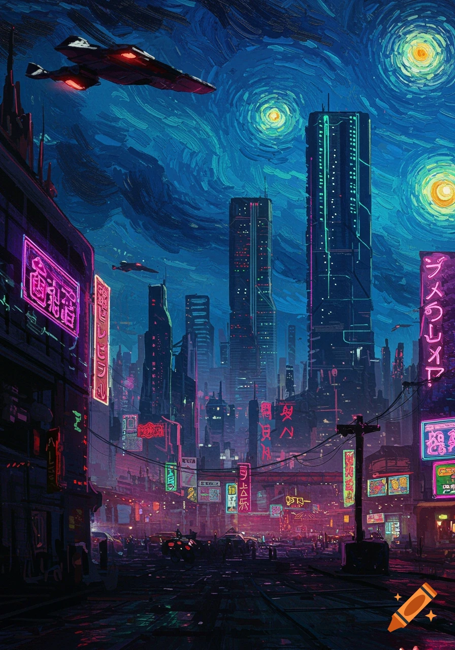 A vibrant cyberpunk city at night with neon signs under a starry sky in the style of Van Gogh's Starry Night.