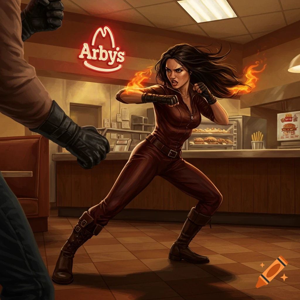 A woman in a brown jumpsuit with fiery hands fights in an Arby's restaurant, illustrated in a comic book style.