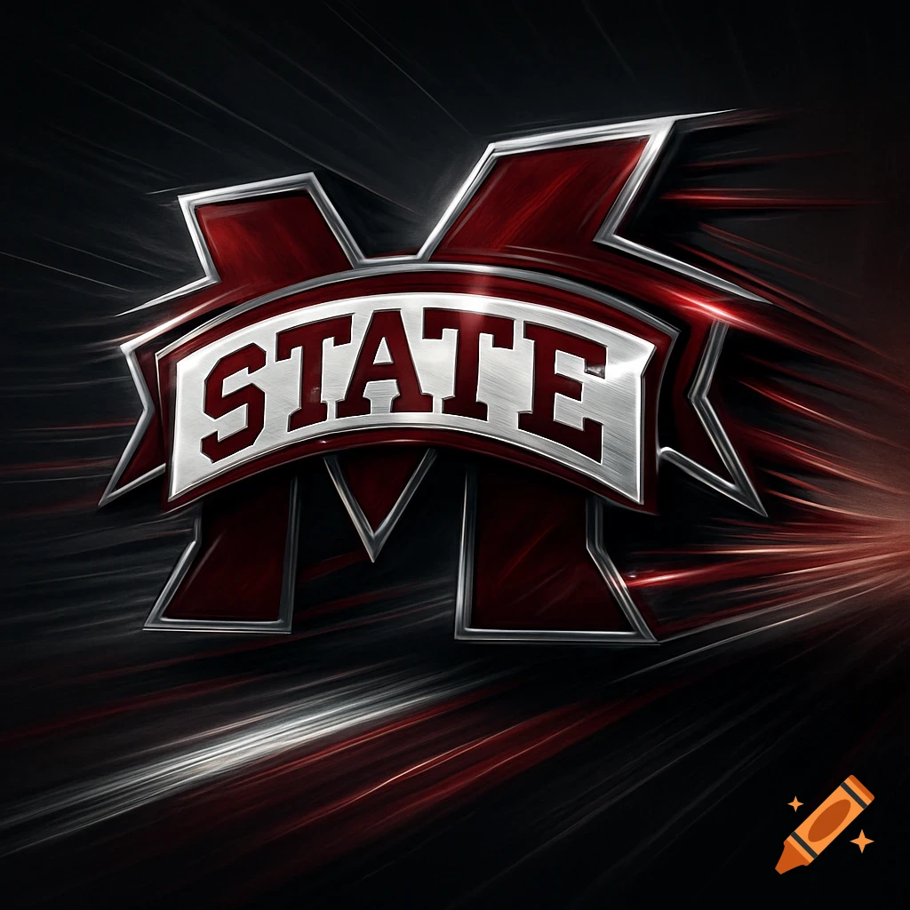 Stylized maroon and silver 'M' logo with 'STATE' on a banner, on a black background with red and white motion streaks.