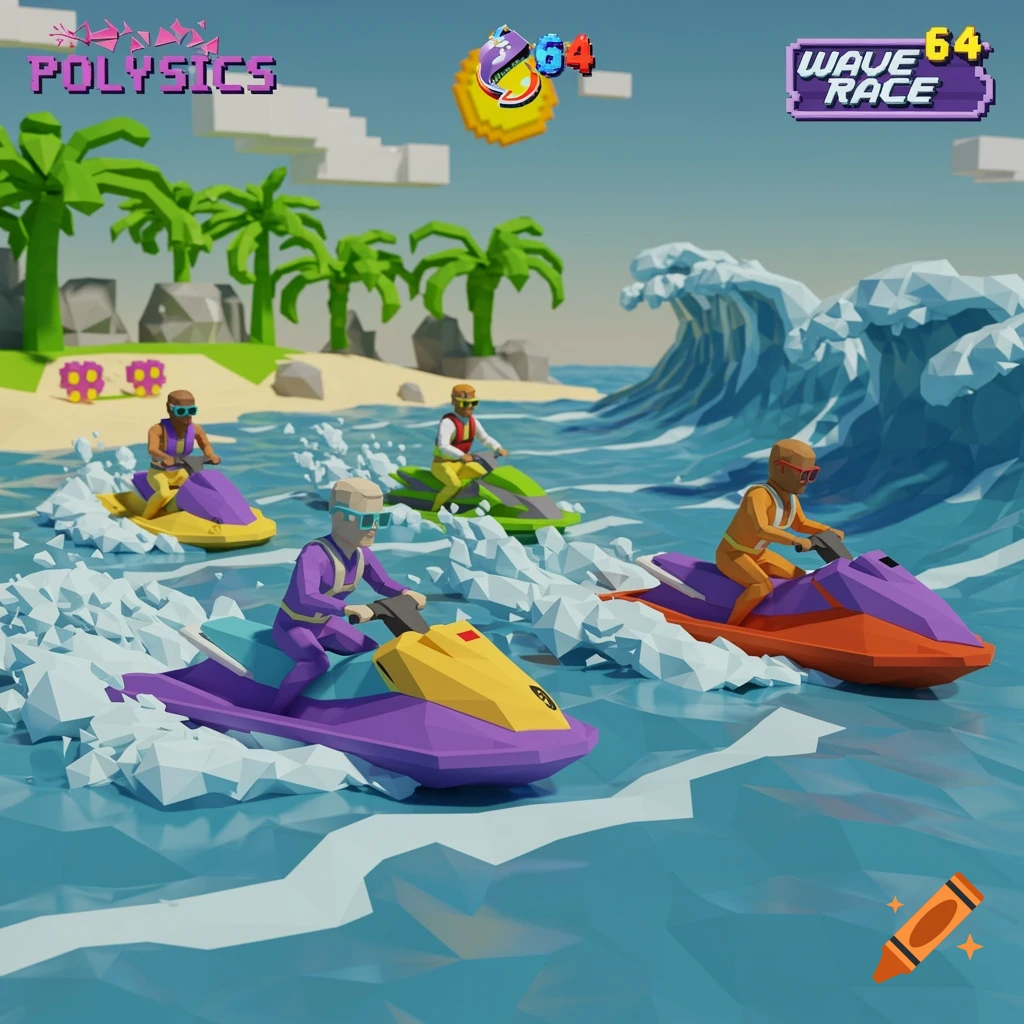 Four low-poly characters ride jet skis across a choppy blue ocean near a tropical island, with retro video game text overlays.