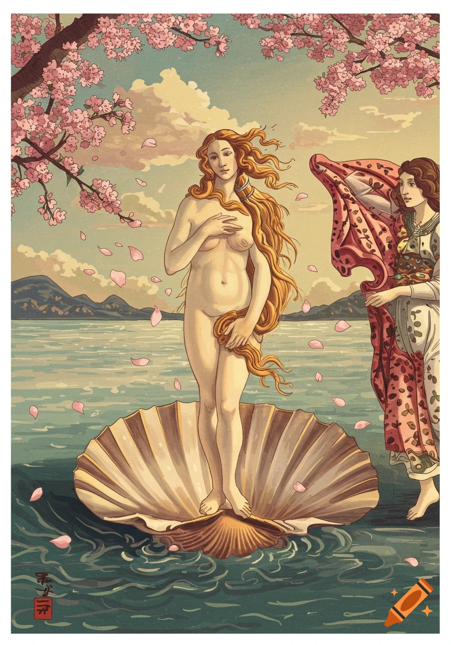 Venus emerges from a seashell in a Japanese ukiyo-e style artwork, with cherry blossoms and another figure offering a cloak.