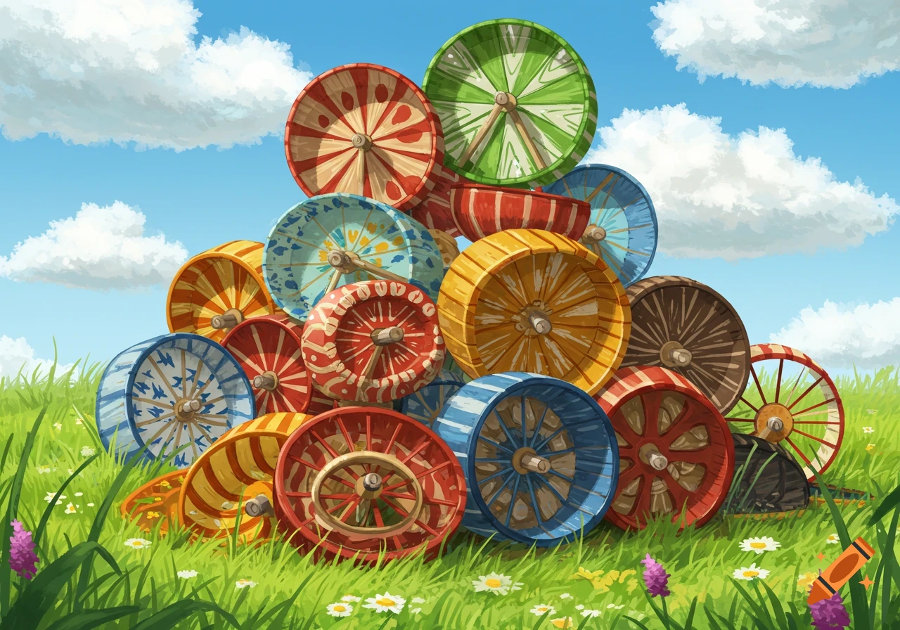 A large pile of colorful, patterned hamster wheels stacked on a green grassy hill under a blue sky with white clouds.