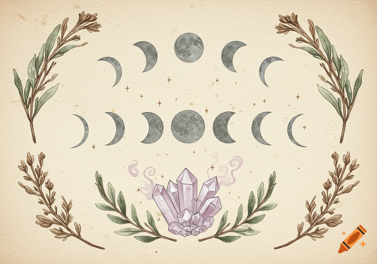 Watercolor illustration of moon phases, purple crystals, and botanical branches on a textured background.