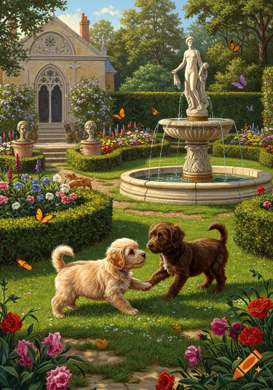 Two puppies play in a lush renaissance-style garden with a classical fountain statue and colorful flowers, painted.