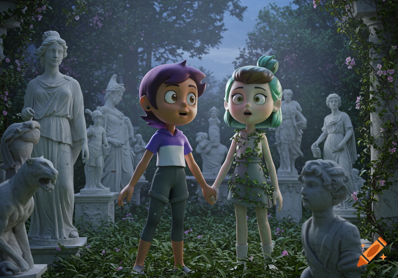 Two animated characters, one with purple hair and one with green hair, hold hands and look surprised in a garden filled with classical statues.