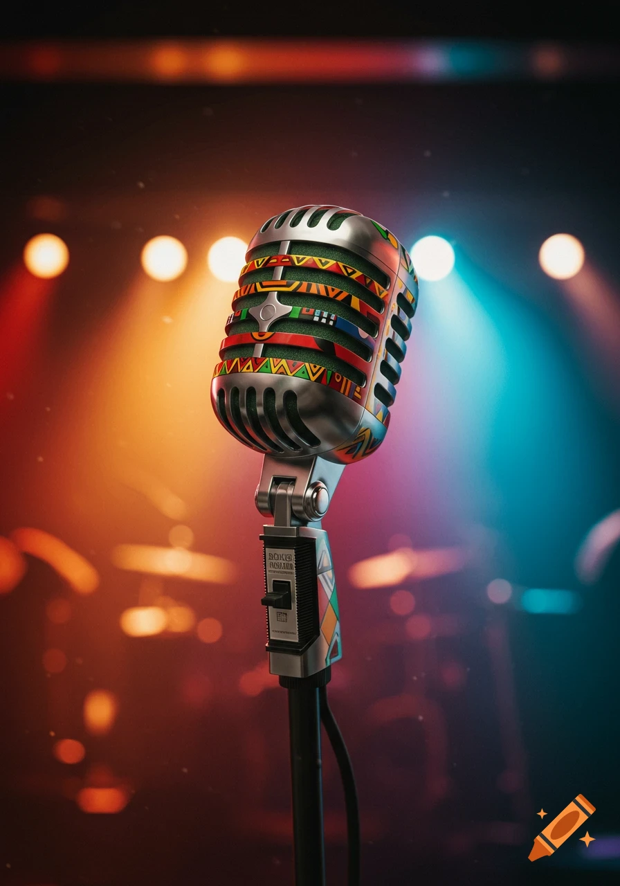 A close-up of a vintage-style microphone adorned with colorful African-inspired patterns, standing on a stage with blurred lights in the background.