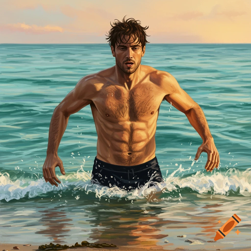 A muscular man with wet, messy hair emerges from the ocean at sunset, waist-deep in the water. Illustrative style.