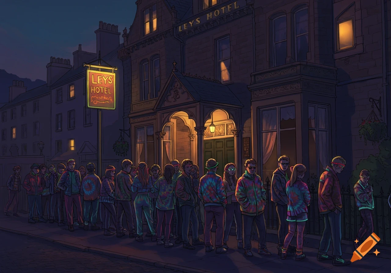 A line of people in 90s-style tie-dye clothing queue outside a hotel at night, depicted in a cartoonish illustration.