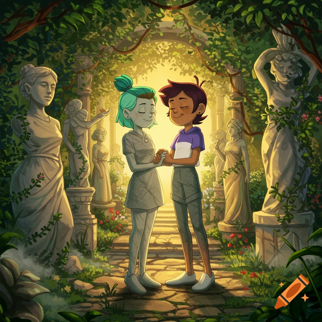 Two cartoon characters, one with teal hair and one with brown hair, hold hands in a lush, statue-filled garden at sunset.