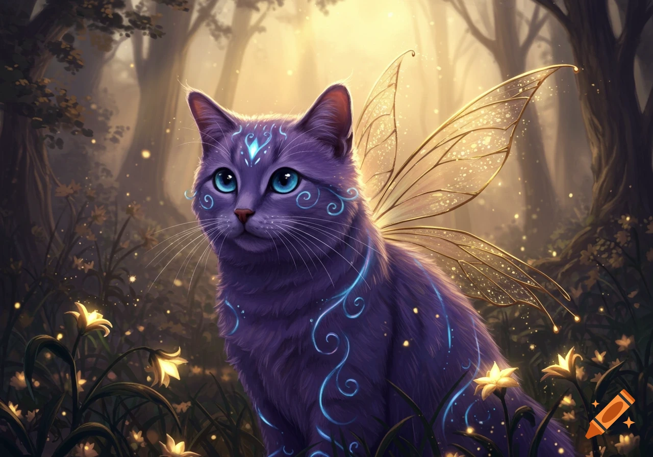 A vibrant purple cat with glowing indigo swirls, blue eyes, and golden fairy wings sits in a mystical, glowing forest.