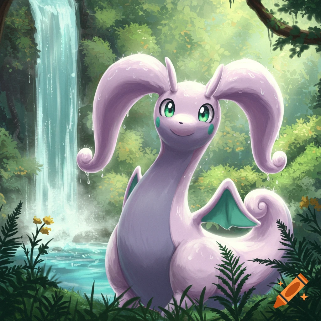 A cute purple Pokemon Goodra with large floppy ears and green eyes stands smiling in a lush green forest by a waterfall.