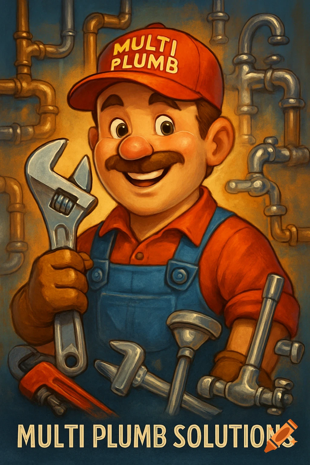 A smiling, cartoon plumber resembling Mario wears a red cap and blue overalls, holding a large wrench amidst pipes and tools.