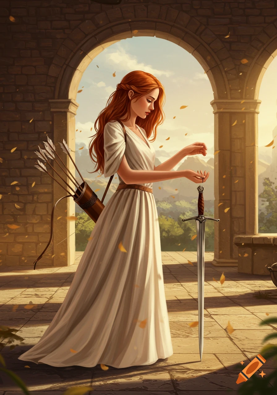 A red-haired woman in a white dress stands in an arched stone corridor, looking down at a sword plunged into the ground, a quiver of arrows on her back, with autumn leaves falling.