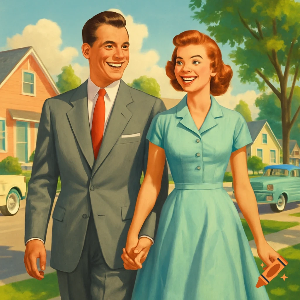 A smiling 1950s couple walks hand-in-hand down a sunny suburban street, in a vintage illustration style.