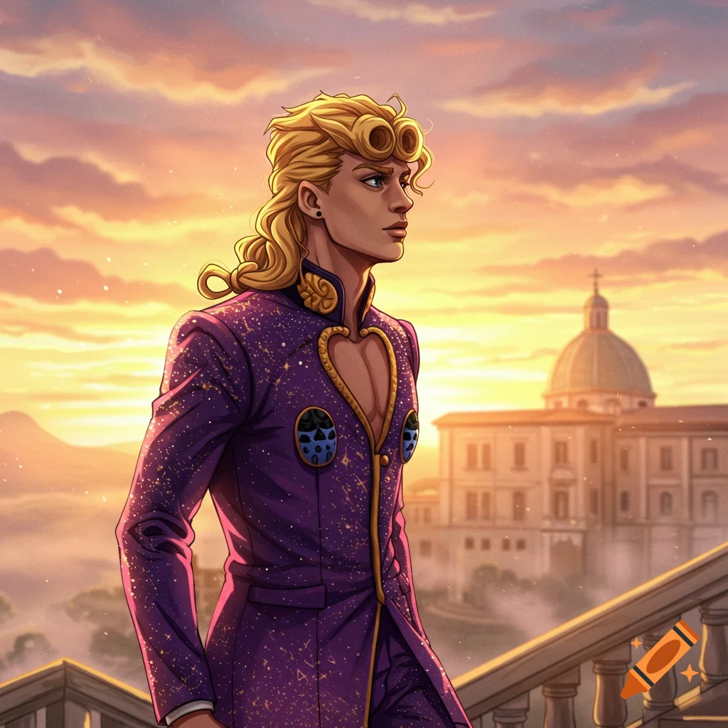 An anime man with blonde hair and a purple, starry suit stands on stairs overlooking a city at sunset.