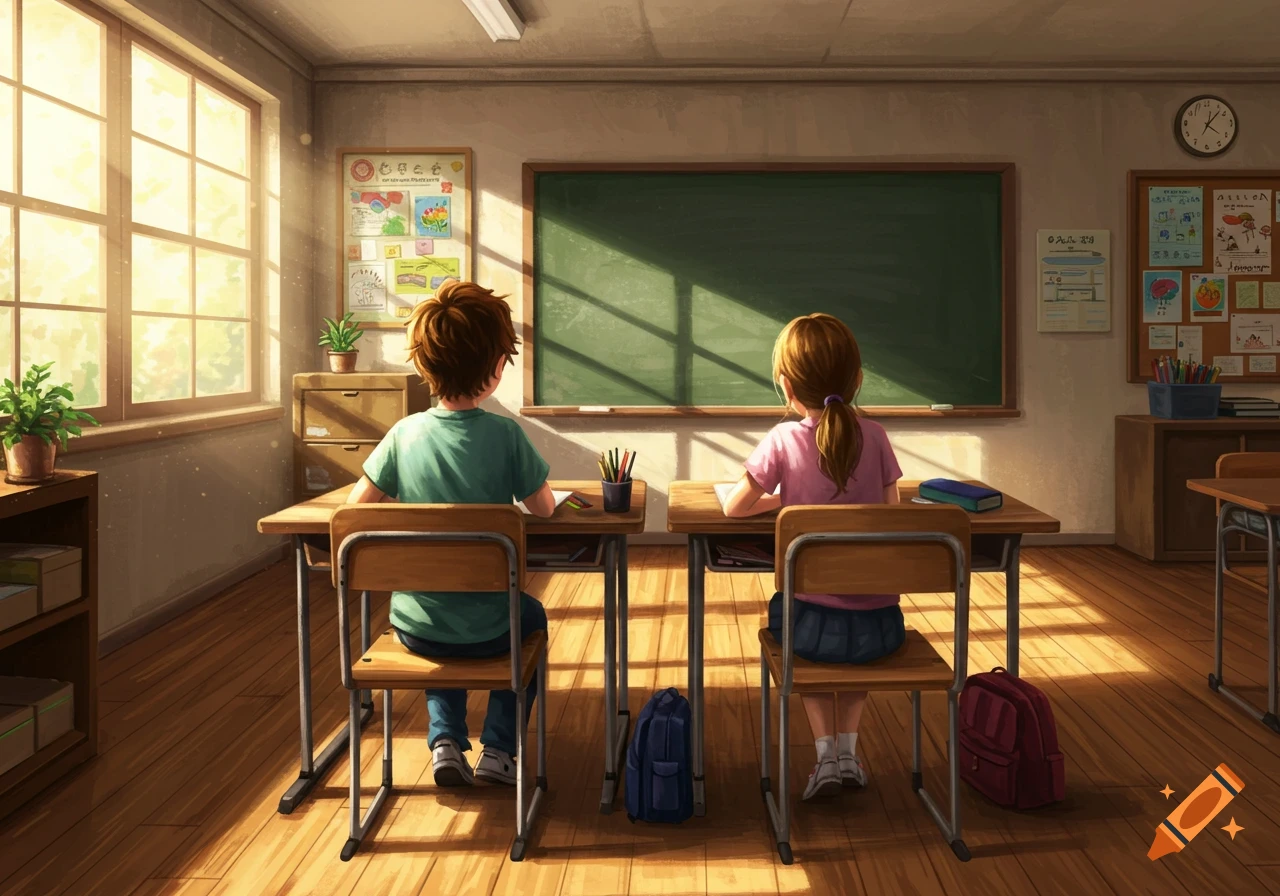 Two children, a boy and a girl, sit at desks in a sunlit classroom, viewed from behind.