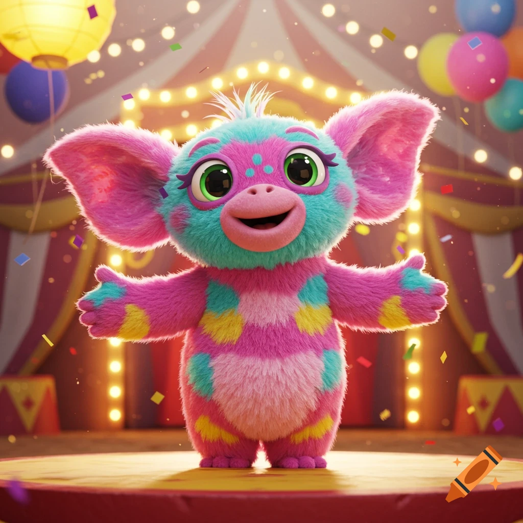 A cute, fuzzy pink and blue creature with yellow patches stands on a stage in a circus tent, surrounded by lights and confetti.