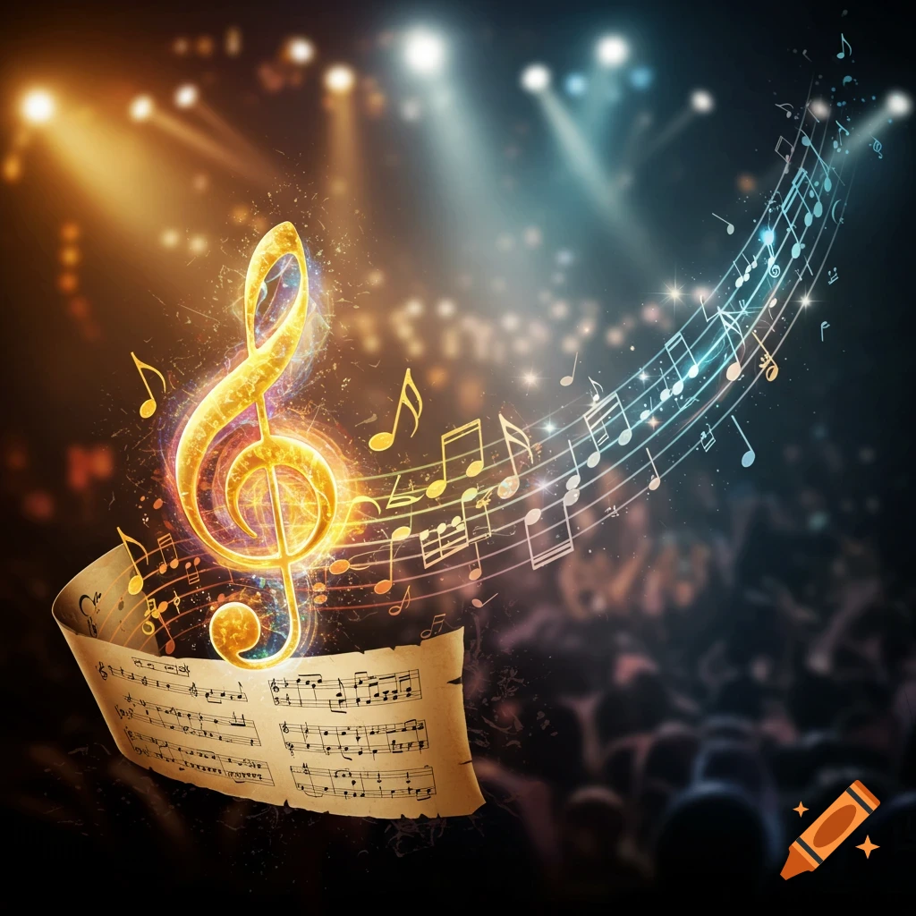 A glowing golden treble clef rises from a piece of old sheet music, surrounded by vibrant musical notes flowing into the dark background of a concert hall with spotlights.
