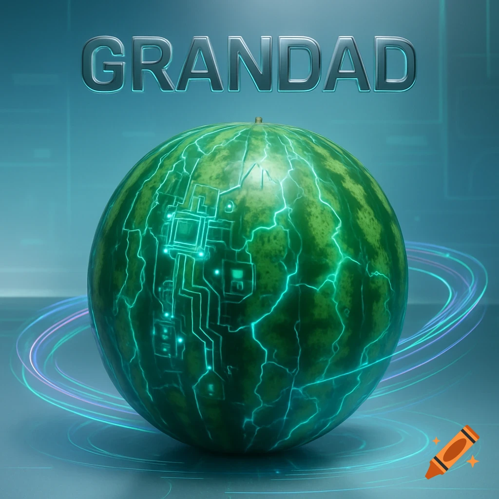 A glowing green watermelon with integrated circuitry and lightning patterns, with the word 'GRANDAD' in metallic letters above it.