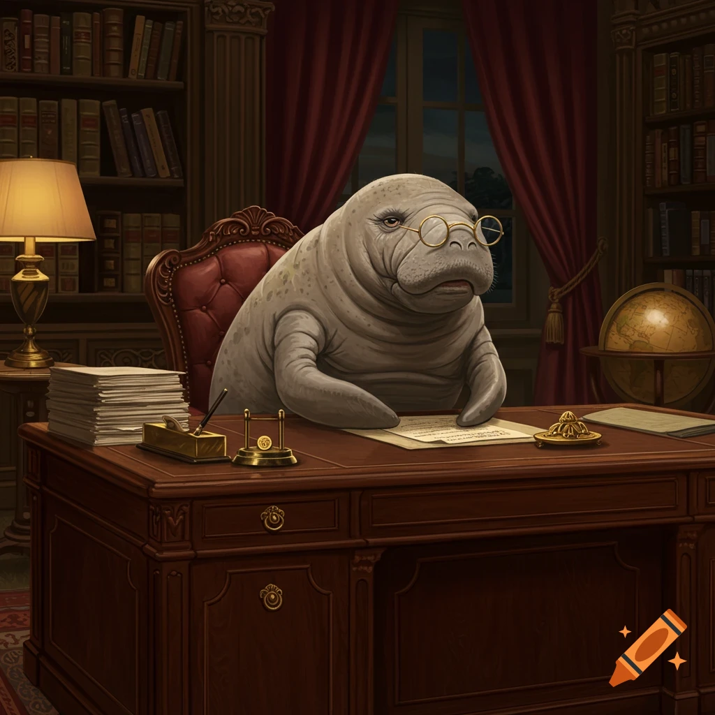 A grumpy manatee wearing glasses sits at a large wooden desk in a posh office with bookshelves and red curtains.